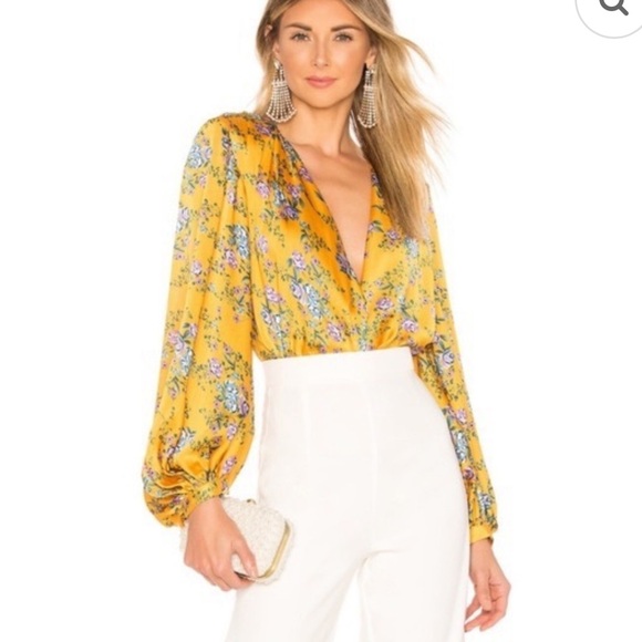 Bronx and Banco Tops - Bronx and Banco Yellow Puff Sleeve Plunge Bodysuit